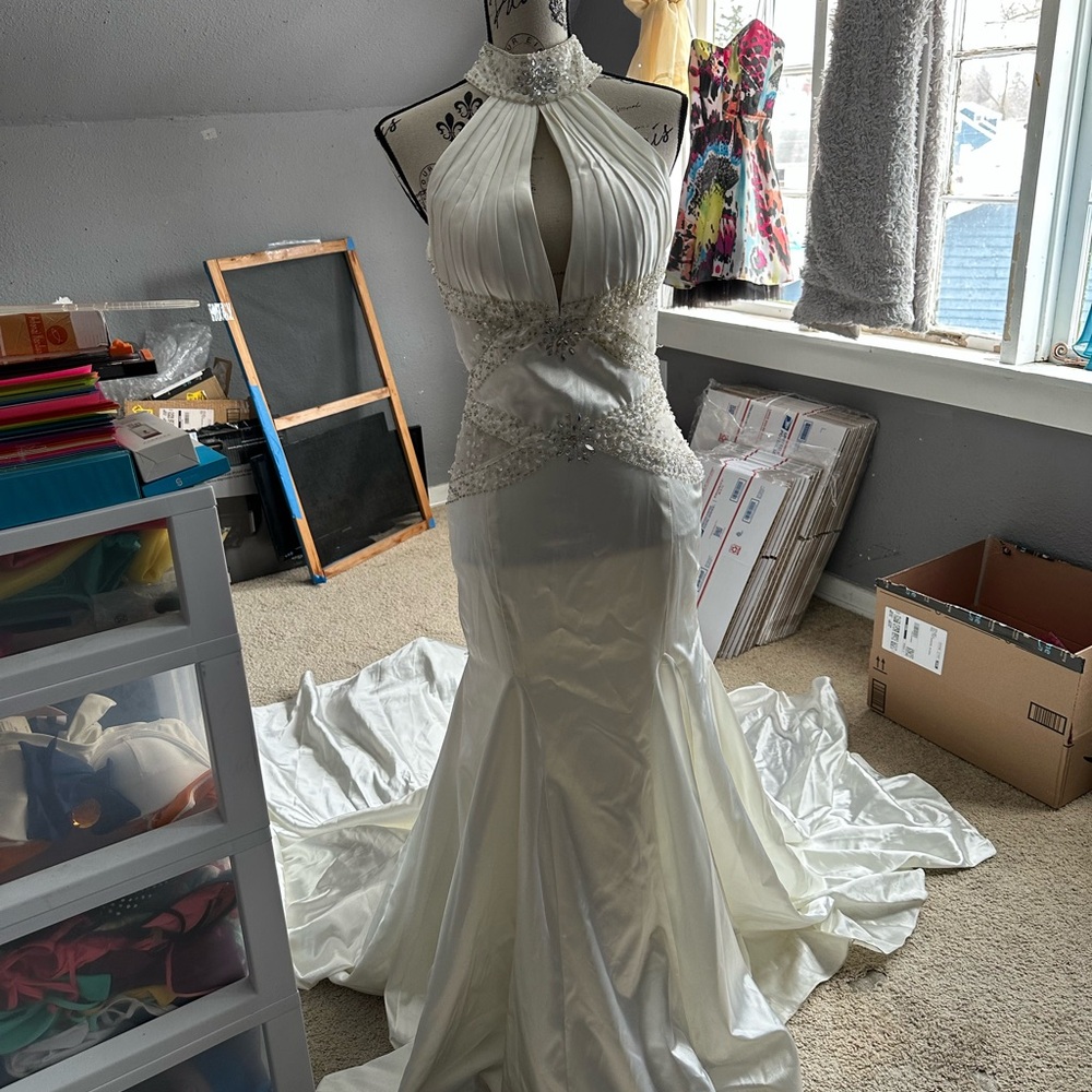 Elegant White Halter Gown with Beaded Details